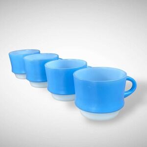 Anchor Hocking Fire King Stackable Mugs Blue Set 4 Vintage 1960s 1970s